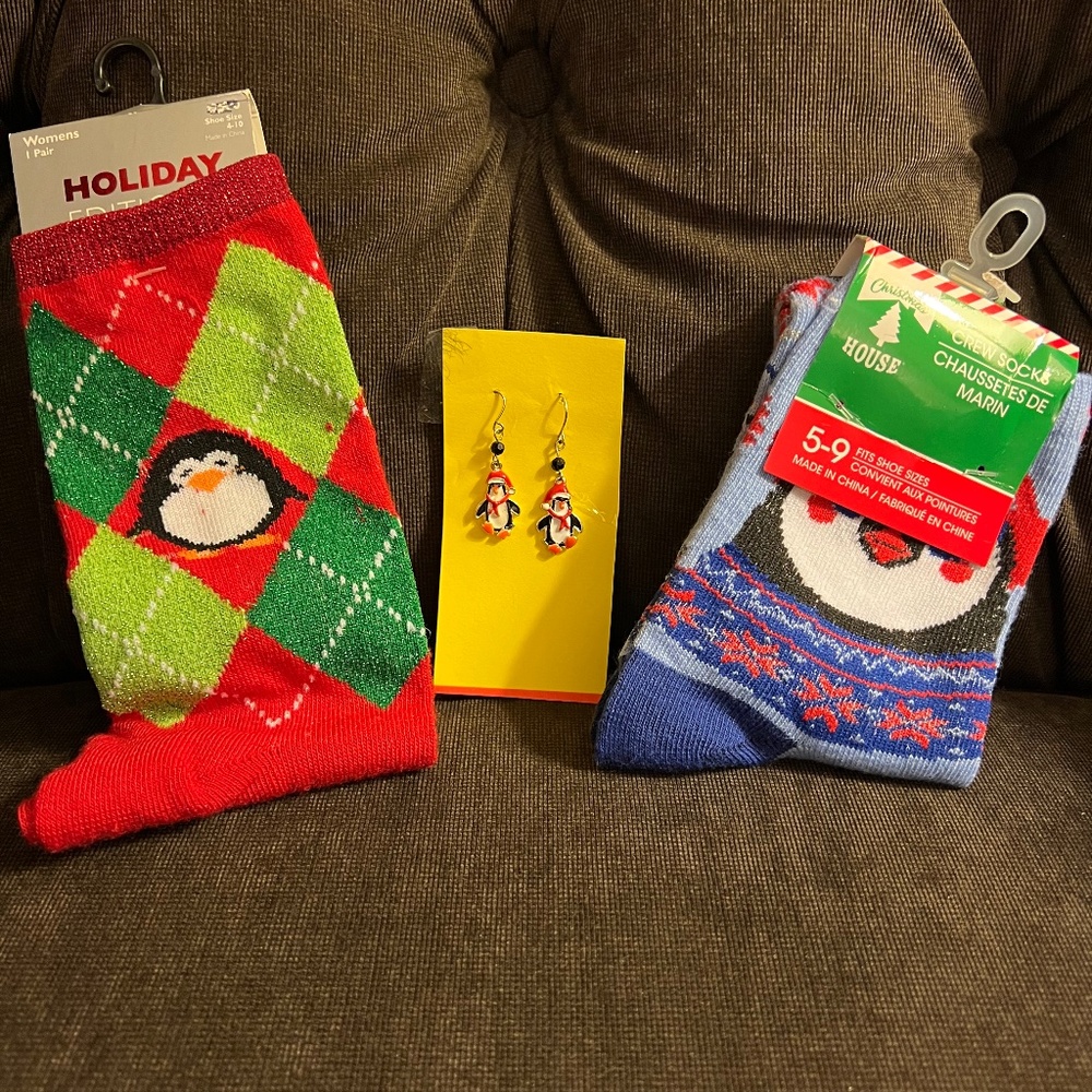 Penguin collection. Pierced hook earrings & 2 pair of adult socks women size 5-9